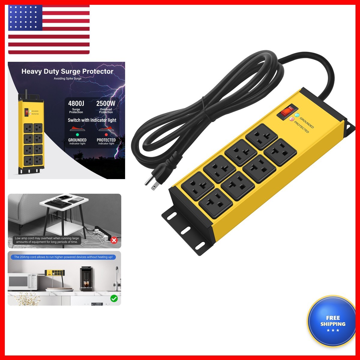 CCCEI 12 Gauge Heavy Duty Power Strip 8 Ports Yellow 6FT