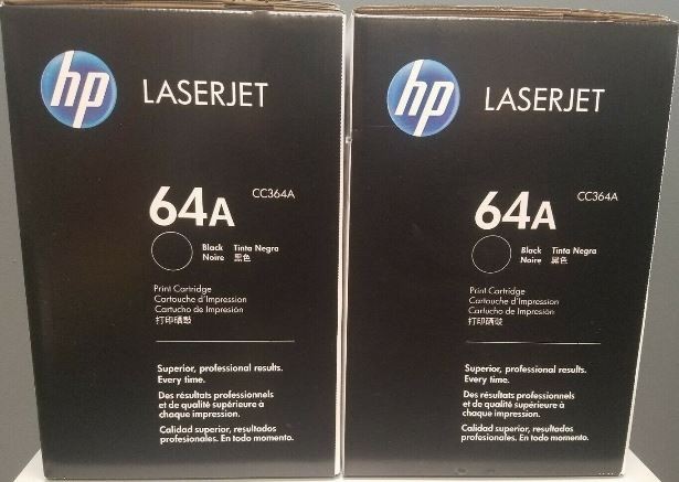 2 New Genuine Sealed HP 64A Toner Cartridges CC364A Black Boxes -- SLIGHT DAMAGE