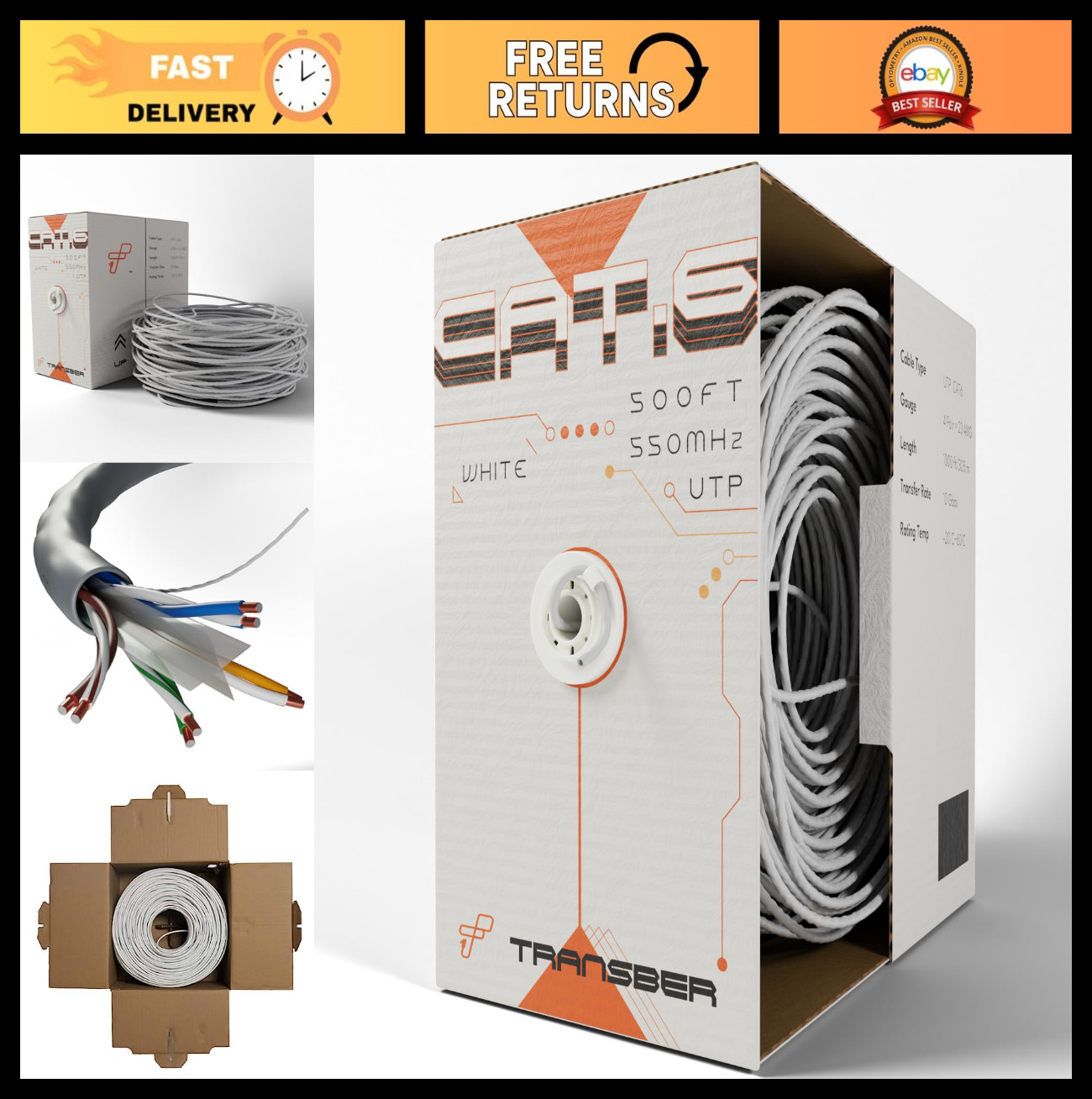 500ft CAT6 Ethernet Cable 10Gbps 550MHz Solid UTP 23AWG Bulk Network Wire PoE++