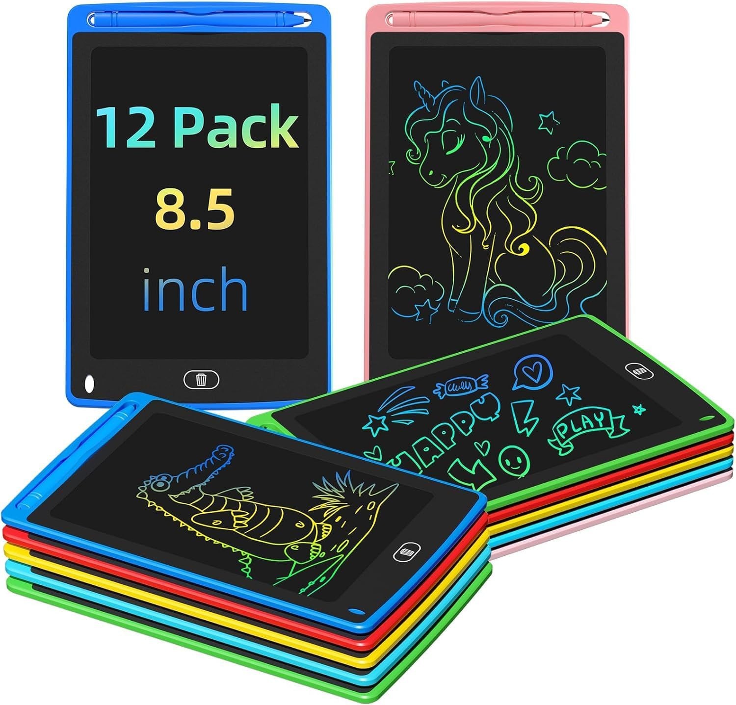 Party Favor 12 Pack LCD Writing Tablet for Kids, 8.5 Inch Colorful Drawing Do...