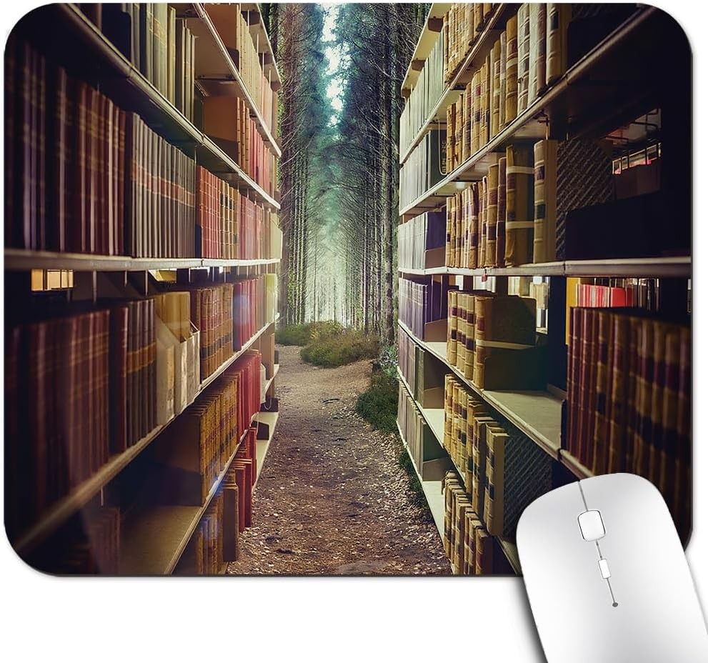 Vintage Bookshelf Mouse Pad, Abstract Library in Forest Fantasy Desk Mat |