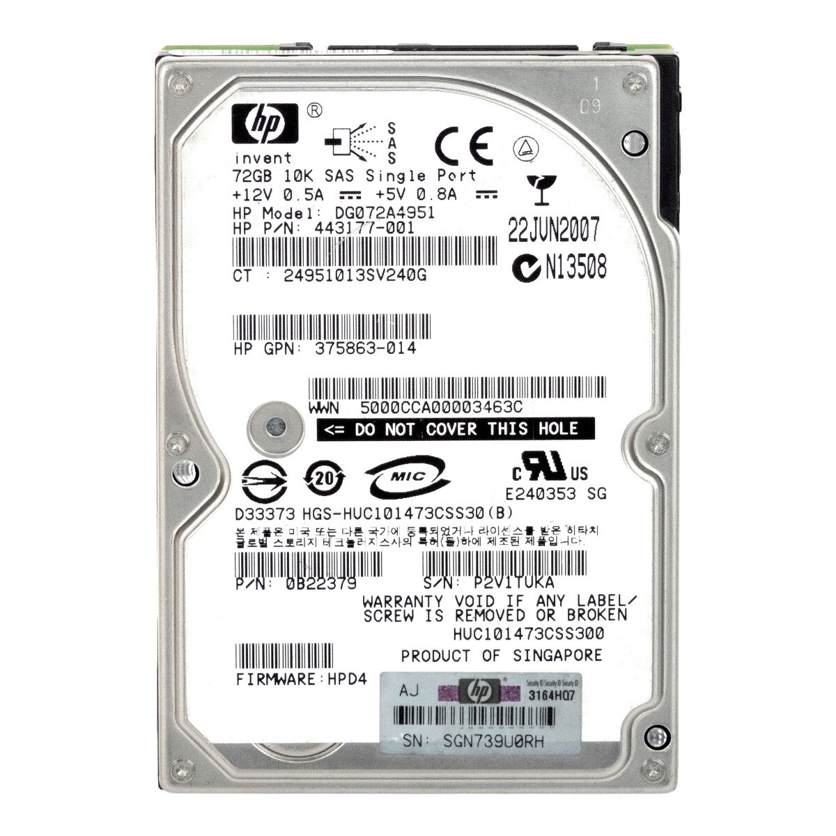 HARD DRIVE HP 443177-001 DG072A4951 72GB 10K SAS 2.5''