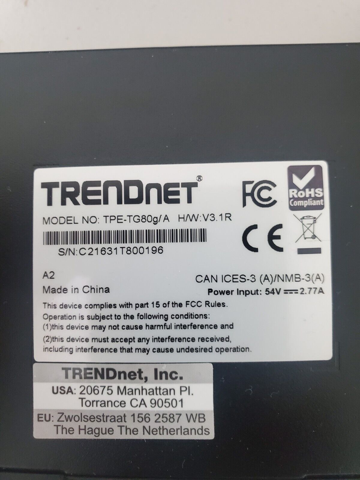 TRENDnet TPE-TG80g/A (H/W:V3.1R) 8-port Gigabit GREENnet PoE+ Switch