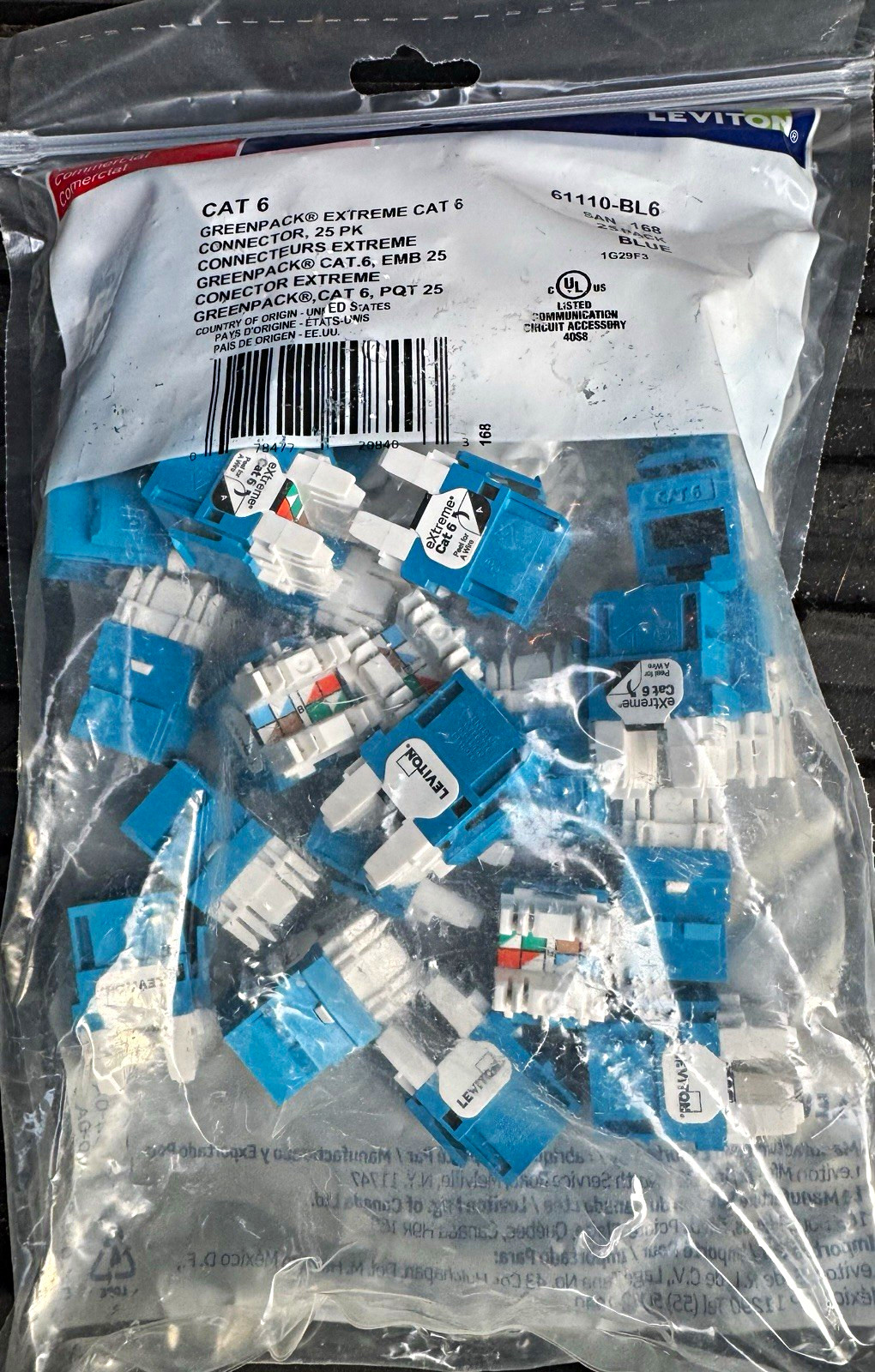 Leviton 61110-BL6 Cat 6 RJ-45 Connector Plugs 25 Pack Blue/White