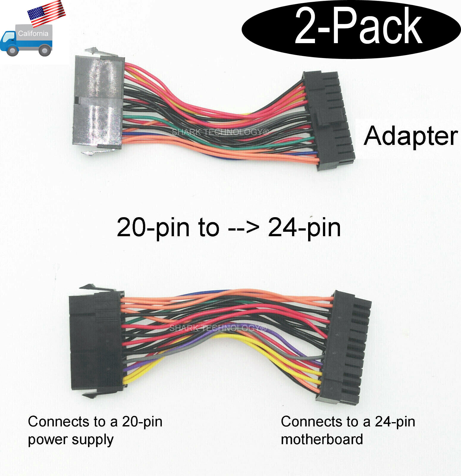 2-Pack: New 20pin Legacy ATX Power Supply to 24pin PC Motherboard Adapter Cable