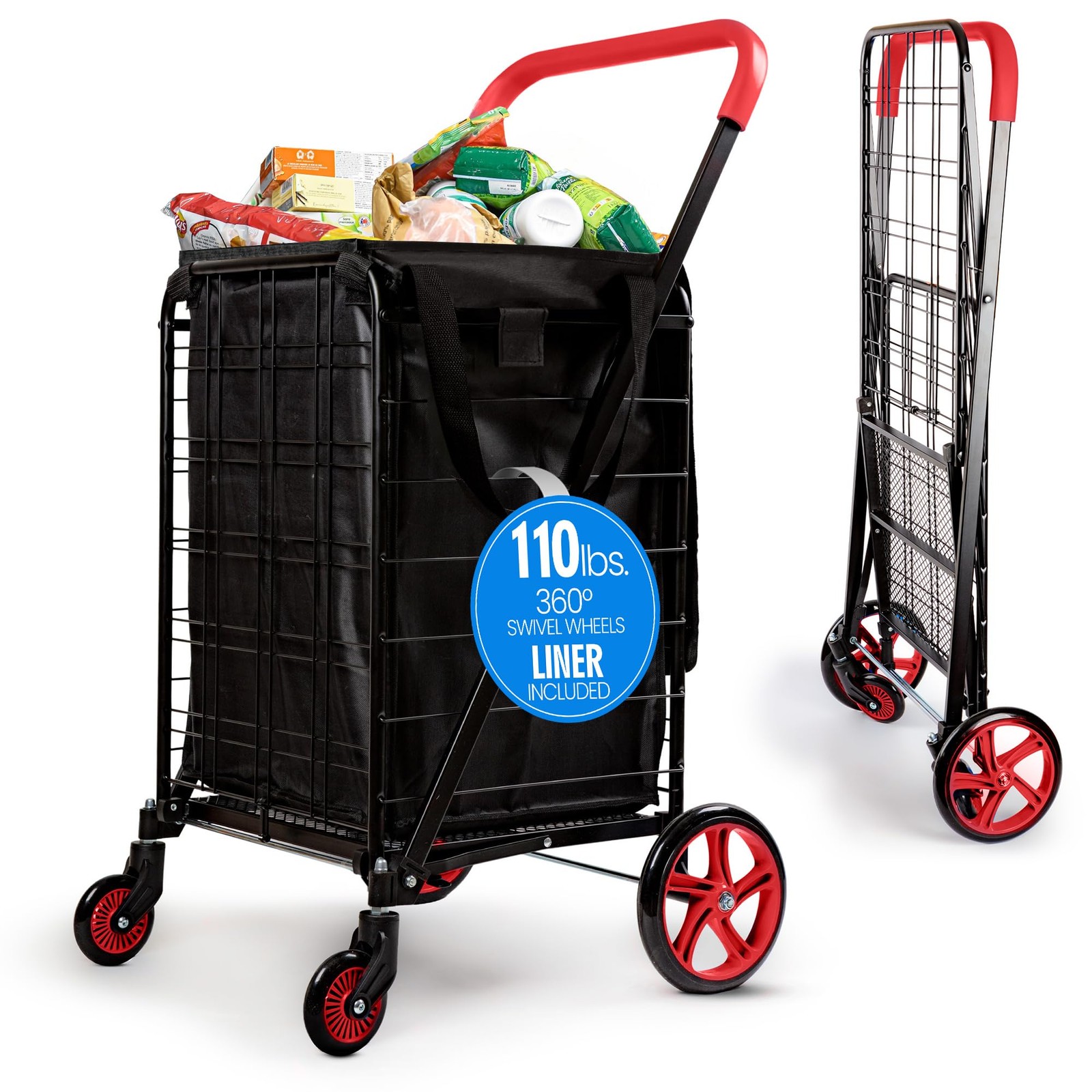 Folding Utility Shopping Cart 110 lb Capacity 360 Swivel Red SLSPCART70.5 Large