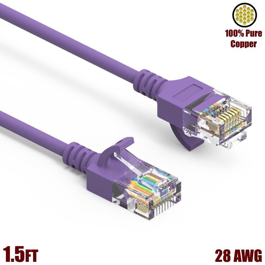 1.5FT Cat6A RJ45 SLIM Ethernet LAN Network UTP Patch Cable Copper 28AWG Purple
