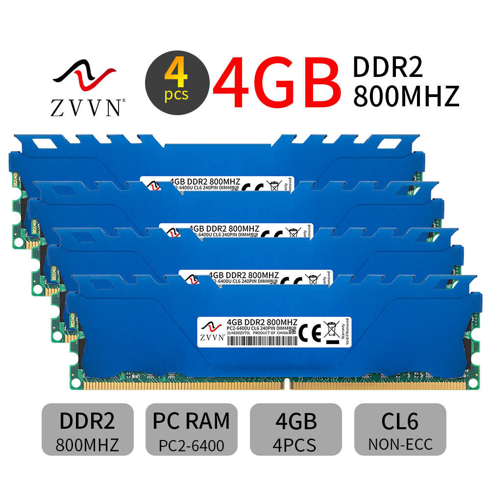 16GB Kit 4x 4GB DDR2 800MHz PC2-6400U 240Pin intel Desktop Memory RAM ZVVN Blue