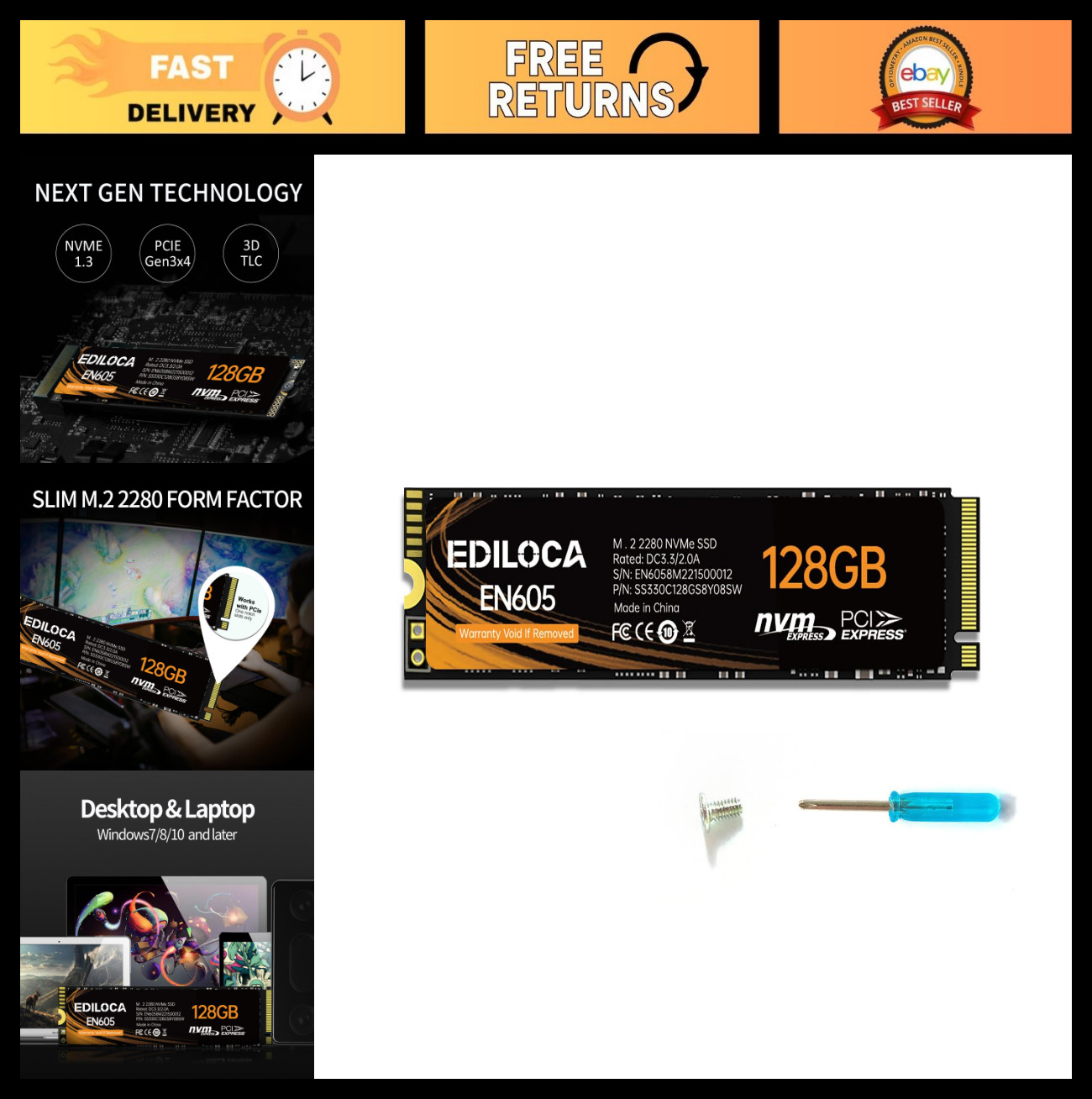 128GB M.2 NVMe PCIe Gen3 x4 SSD Internal Hard Drive - 1130/400 MB/s Speed, Lapto