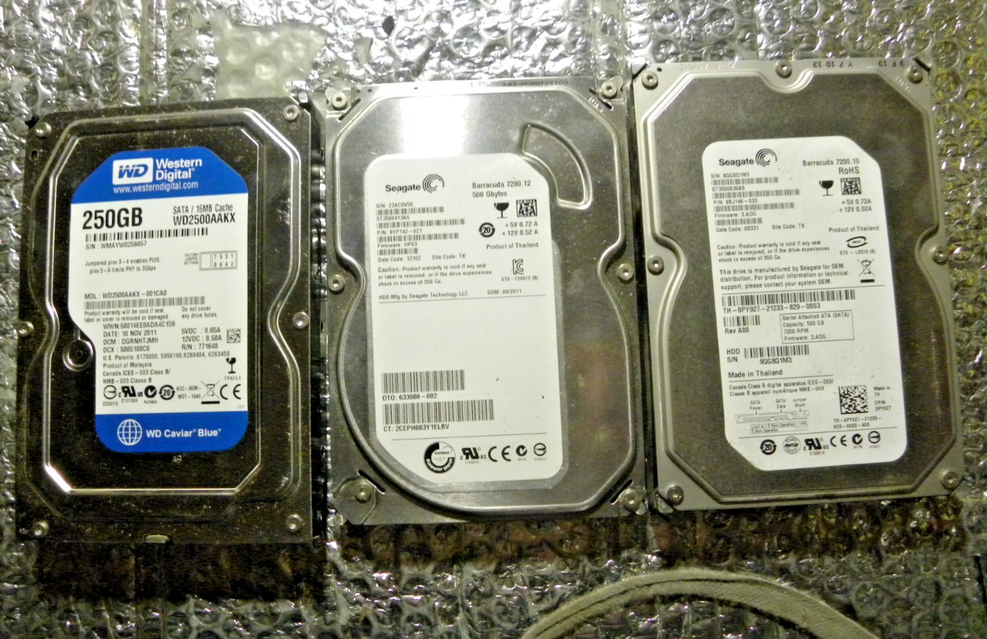 Lot of 3 Vintage Hard Drives Western Digital 250 & 2 Seagate 500 Gig Untested 