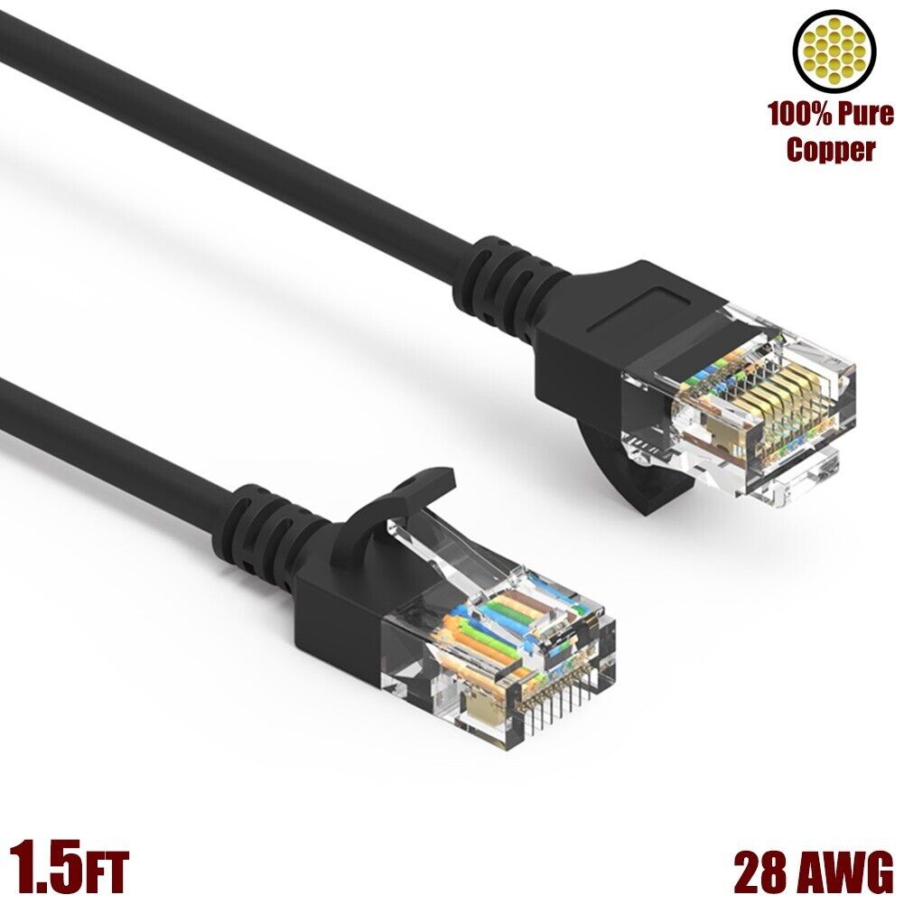 1.5FT Cat6A RJ45 Slim Ethernet LAN Network Cable UTP Gold 28AWG Copper Black
