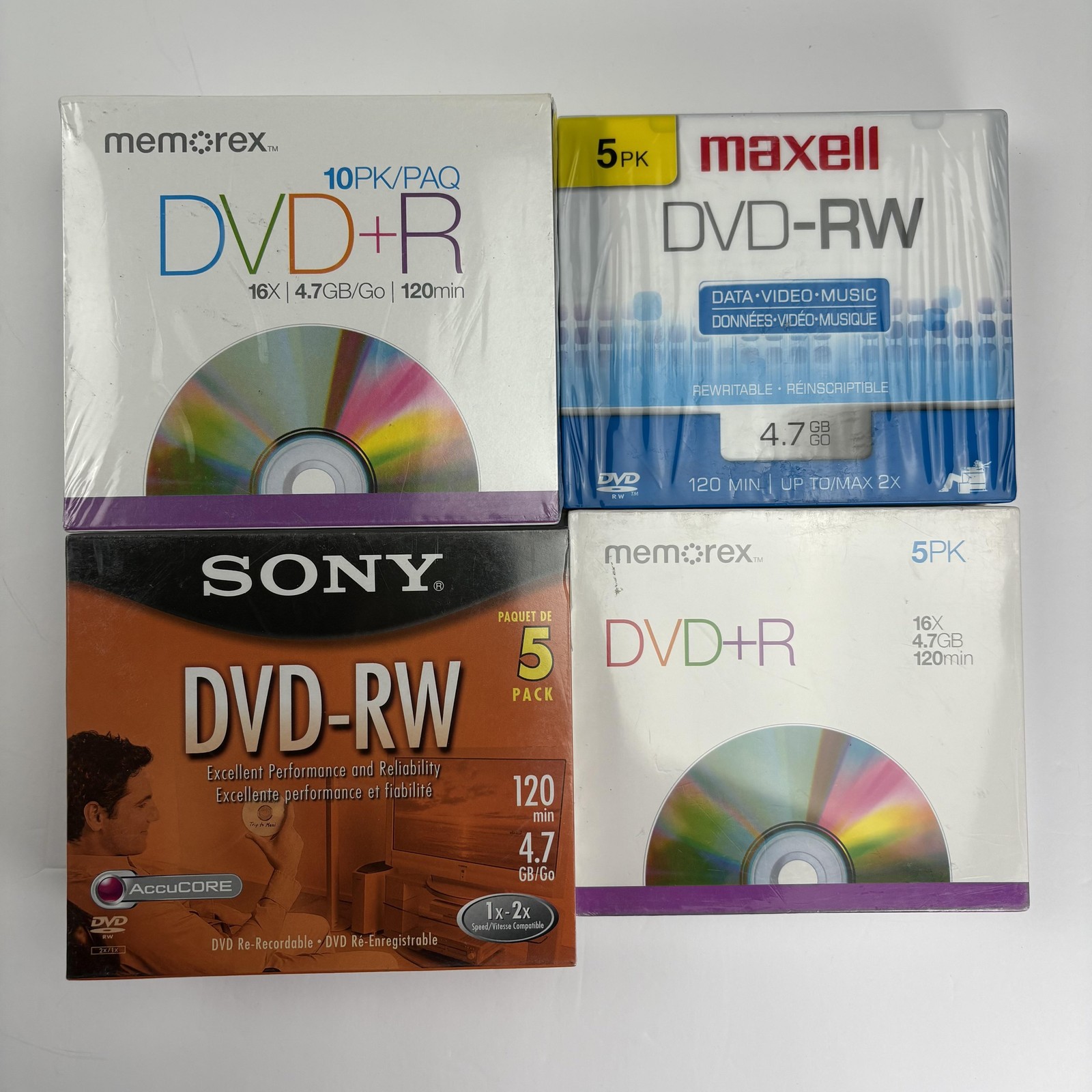 Lot Memorex Sony Maxell Blank Discs 25ct Sealed 4.7GB DVD+R DVD-RW 120min New