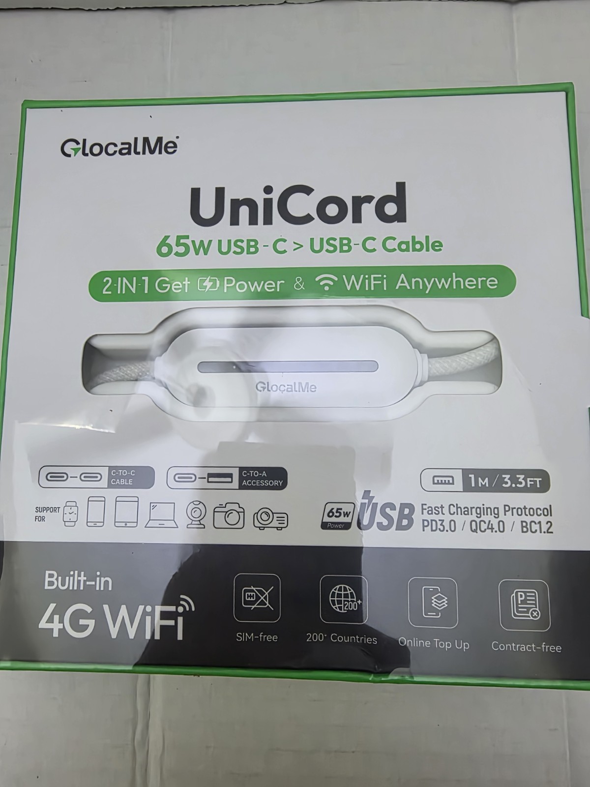 GlocalMe UniCord 65w USB-C   USB-C Cable 4G WiFi Sim Free- Fast Charge Brand New