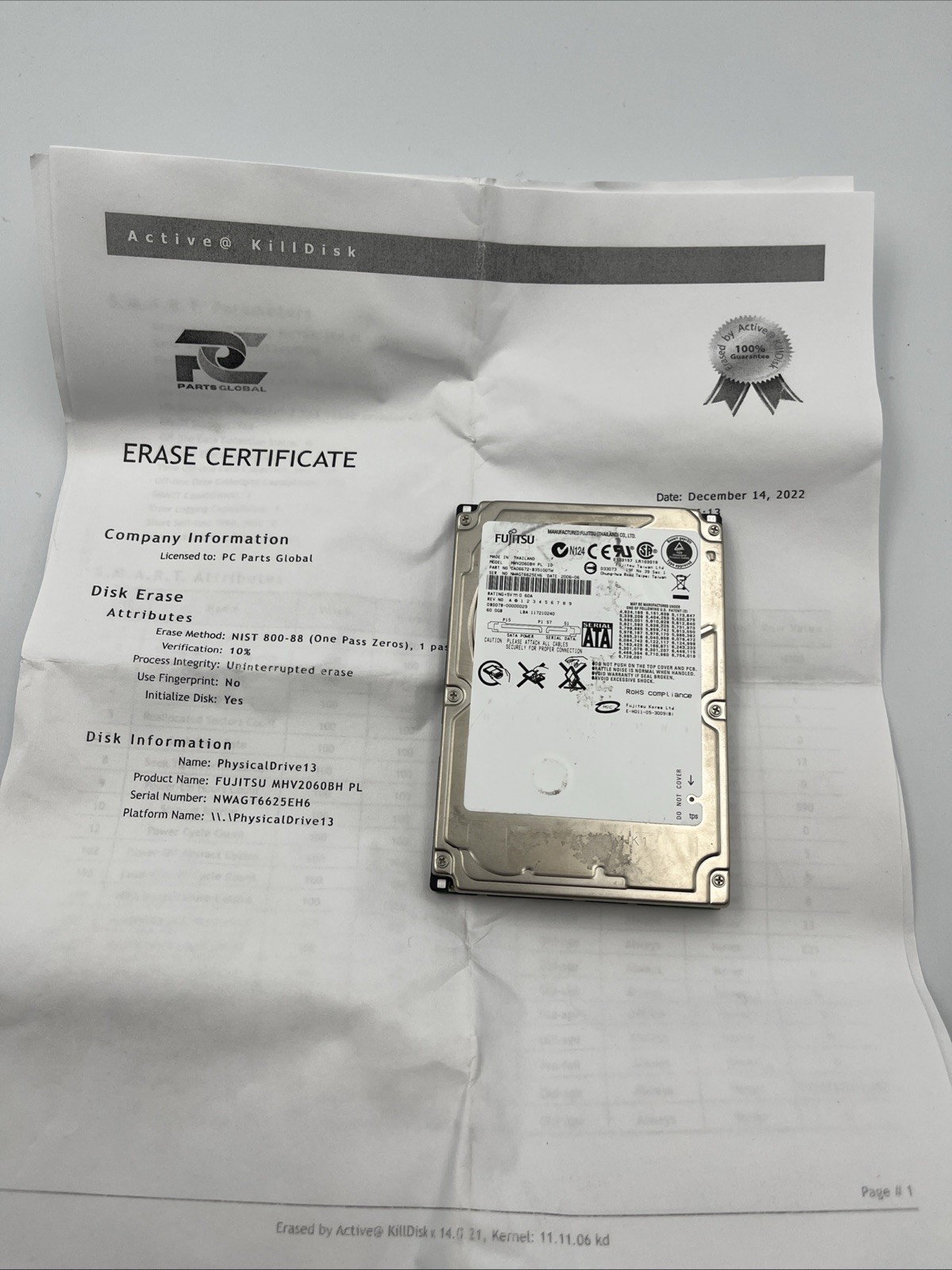 *Fujitsu MHV2060BH PL (CA06672-B23100DL) 0085002A 60gb 2.5" Sata Hard Drive