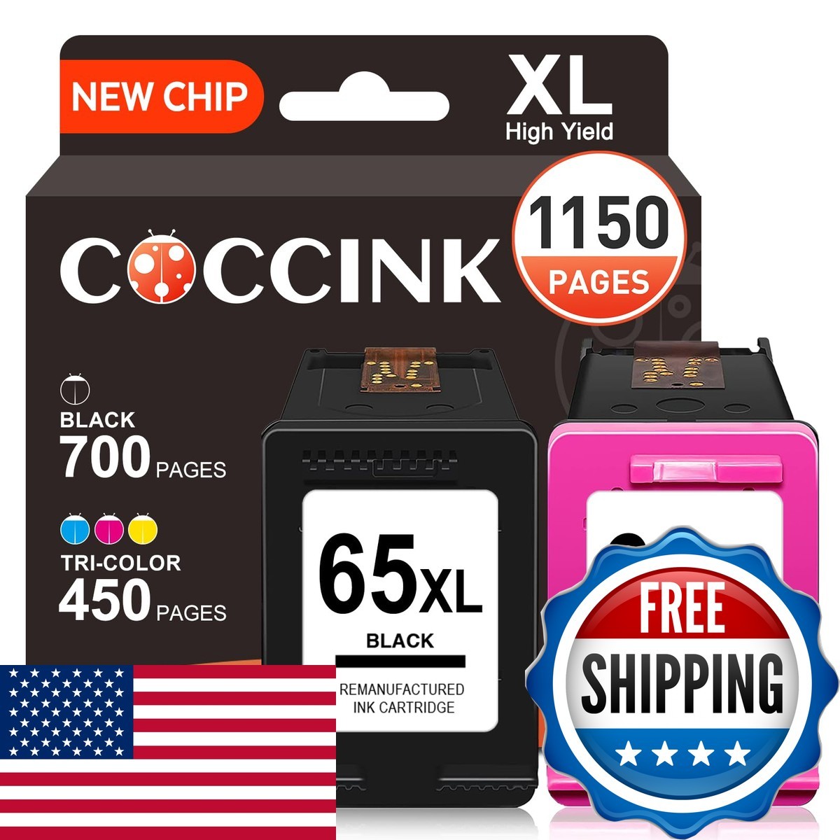 COCCINK 65XL Ink Cartridges Black/Color Combo Pack for HP DeskJet 3755 3700