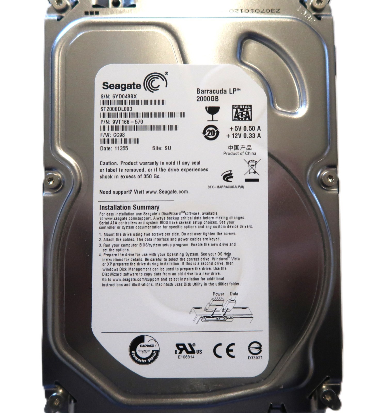 ST2000DL003 PN:9VT166-570 FW:CC98 SU China (6YD0) 3.5" 2000gb Sata 03/2011
