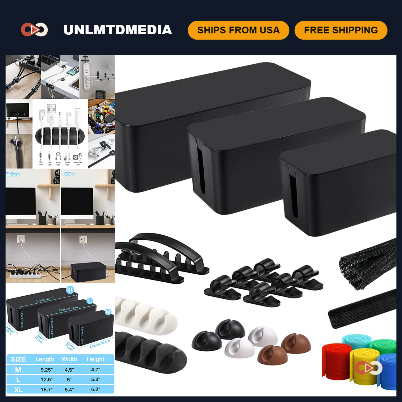 3 Pack Cable Management Box Set - Cord Organizer, Wire Concealer for Home/Office