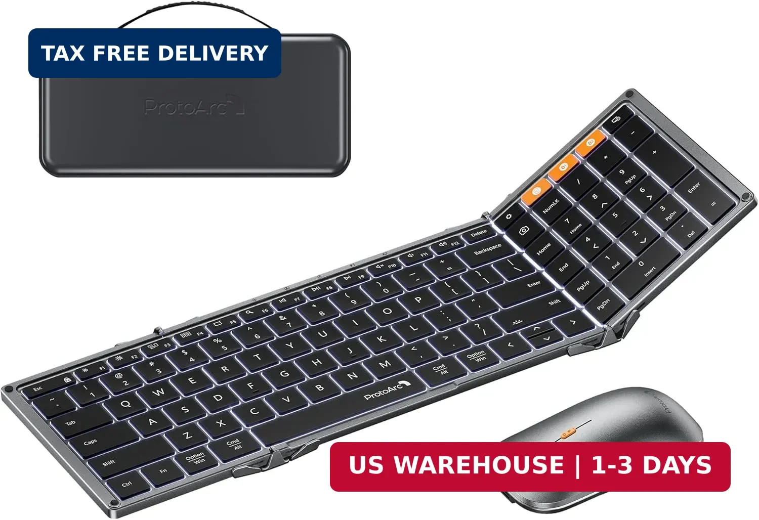 ProtoArc Backlit Foldable Keyboard and Mouse, XKM01 Pro Full-Size Portable Offic