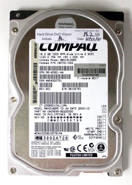 18.2gb 7.2k wu2 scsi hdd, bb018135b5, 180721-002, fw: b017, mah3182mc, ca05695-