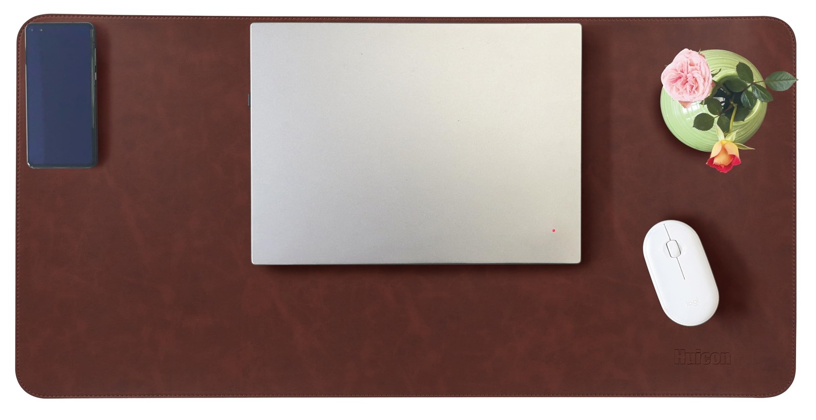 Large Faux Leather Desk Mat Brown, 31.5 x 15.7 Inch Non-Slip Waterproof Pad