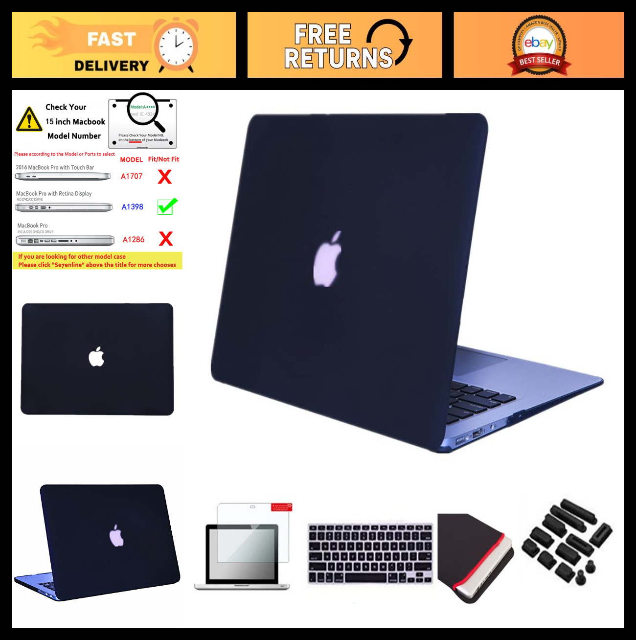 MacBook Pro 15" Case 2012-2015 A1398, Durable Black Hard Shell Cover, Lightweigh