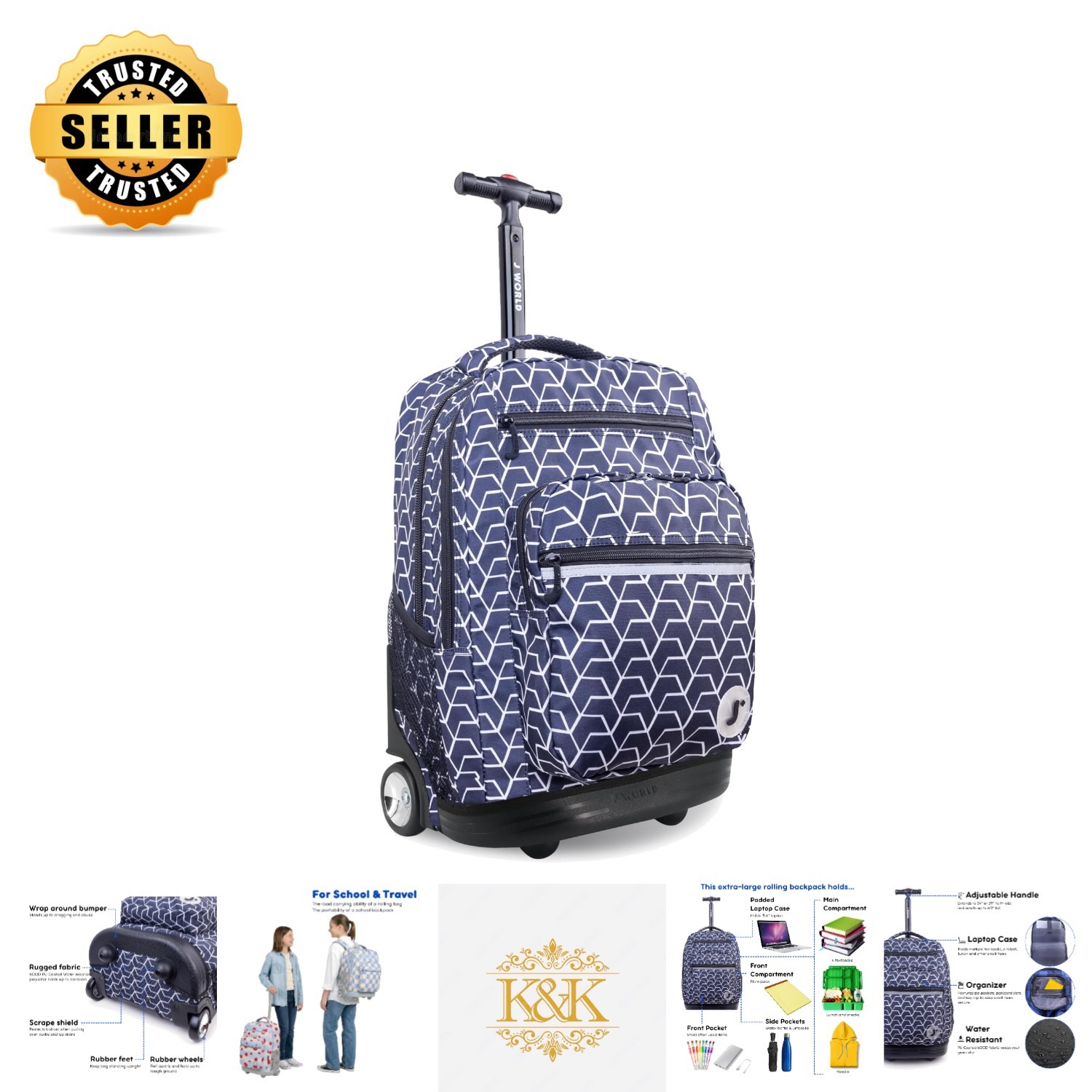J World 20-Inch Rolling Laptop Backpack for Boys & Girls - Stylish & Versatile