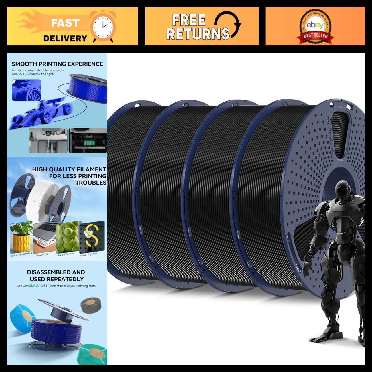 High-Quality Black PLA 3D Printer Filament, 4KG, Eco-Friendly, Smooth Printing