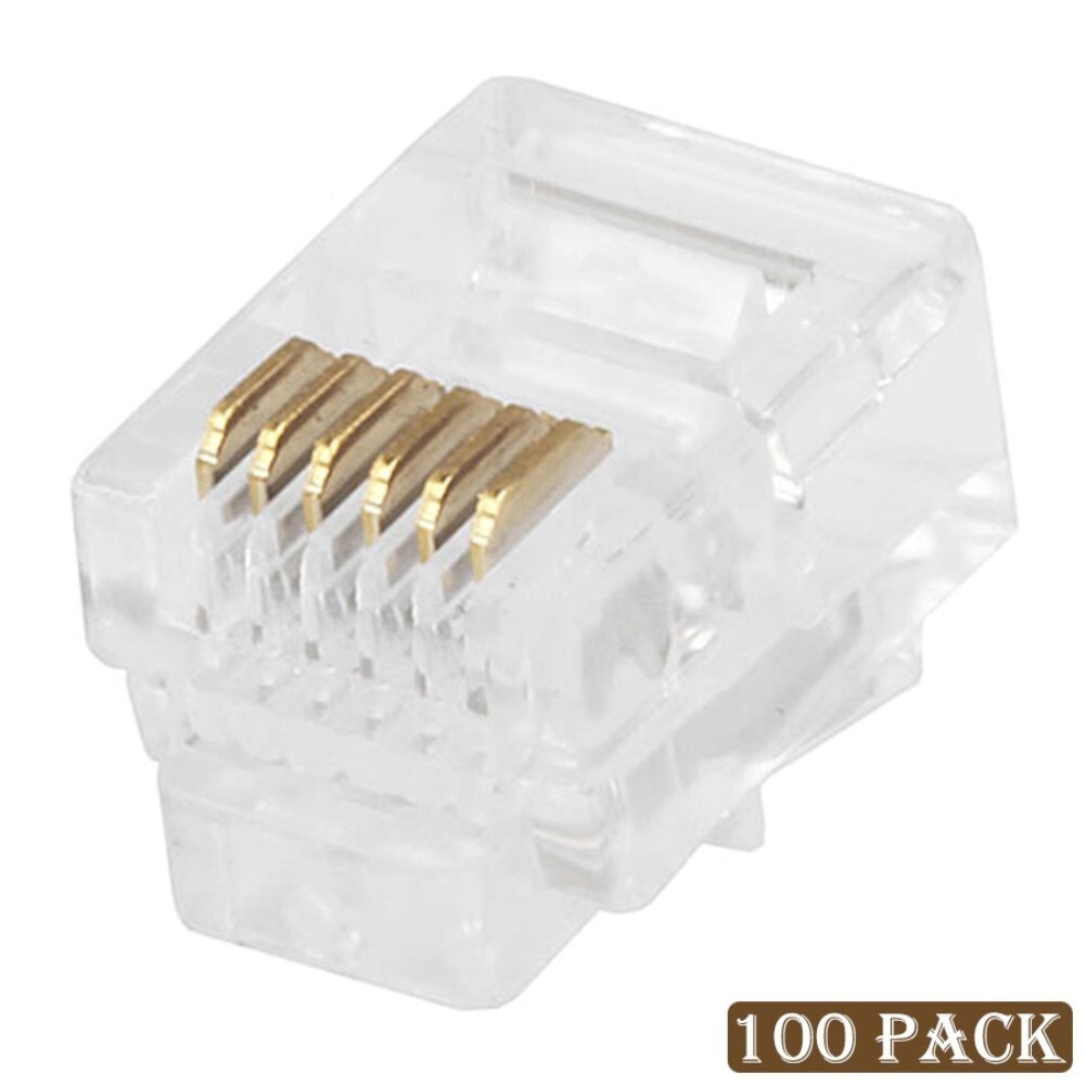 100 pcs RJ12 Modular Plug Telephone Cable Head Crimp On Round Solid Wire 6P6C