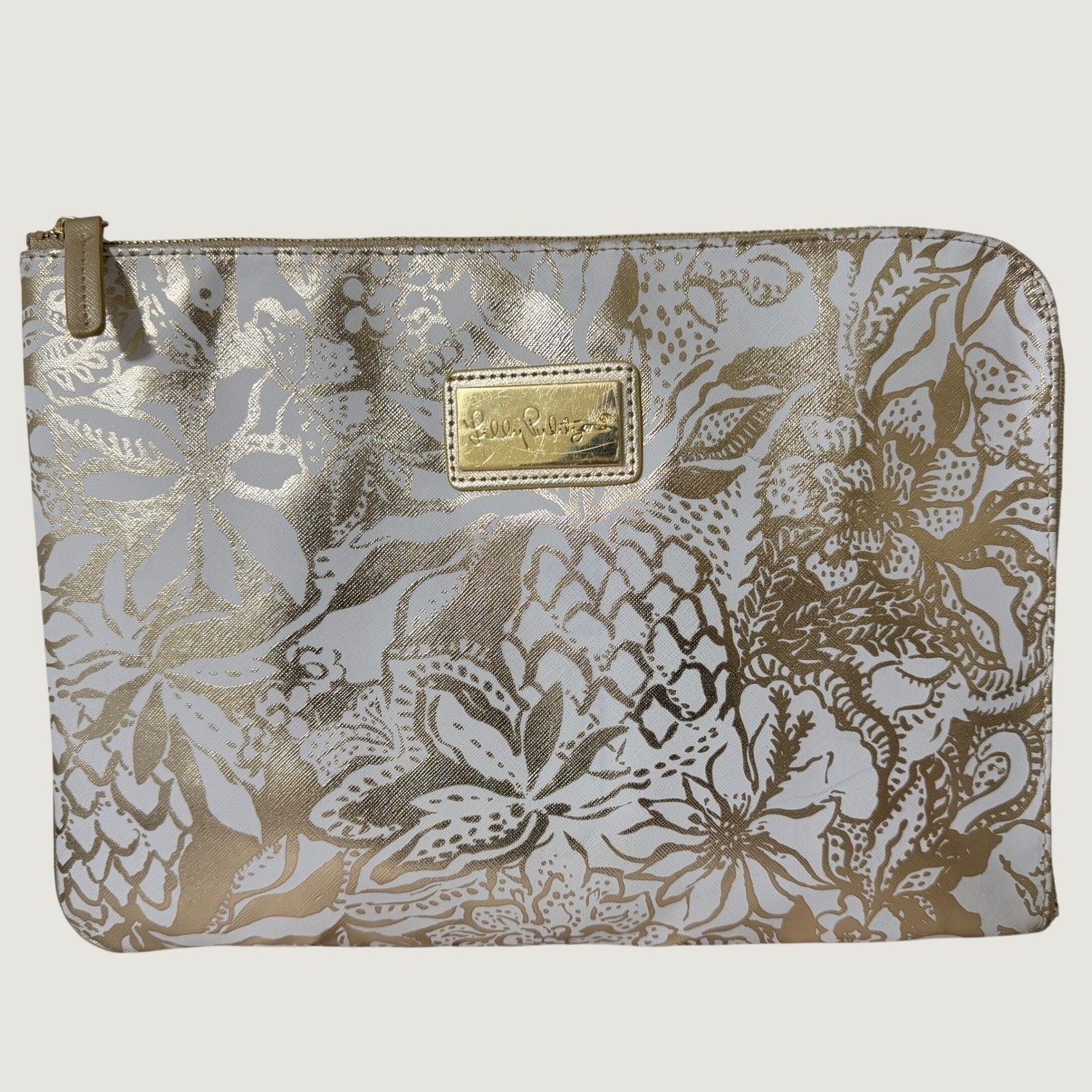 Lilly Pulitzer Tech Pouch Set & Small Zip Pouch in Gold Metallic Bon Vivants 13"
