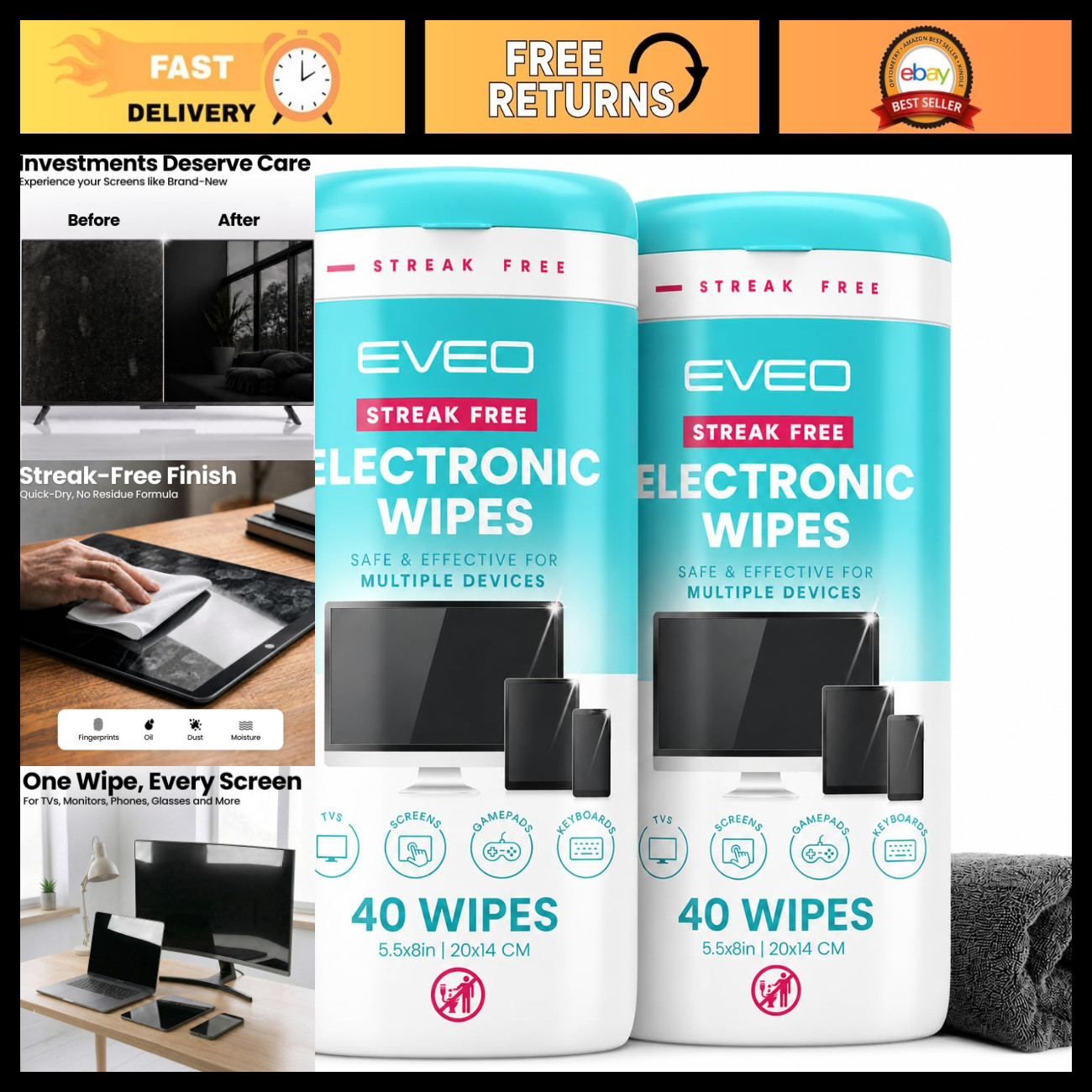 Streak-Free Electronic Screen Cleaner Wipes [2 Pack x40] for TV, Laptop, iPhone,