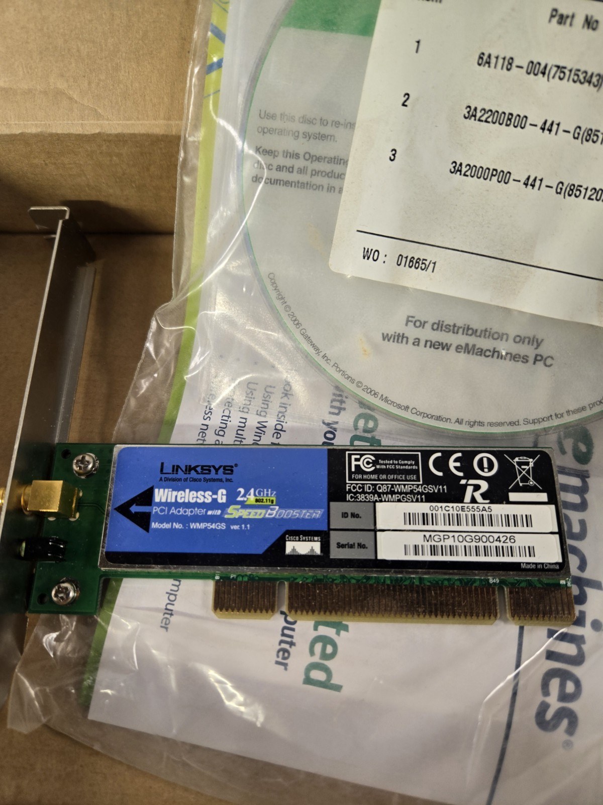 Linksys WMP54GS Ver 1.1 Wireless-G PCI Desktop Adapter Card - Untested B56