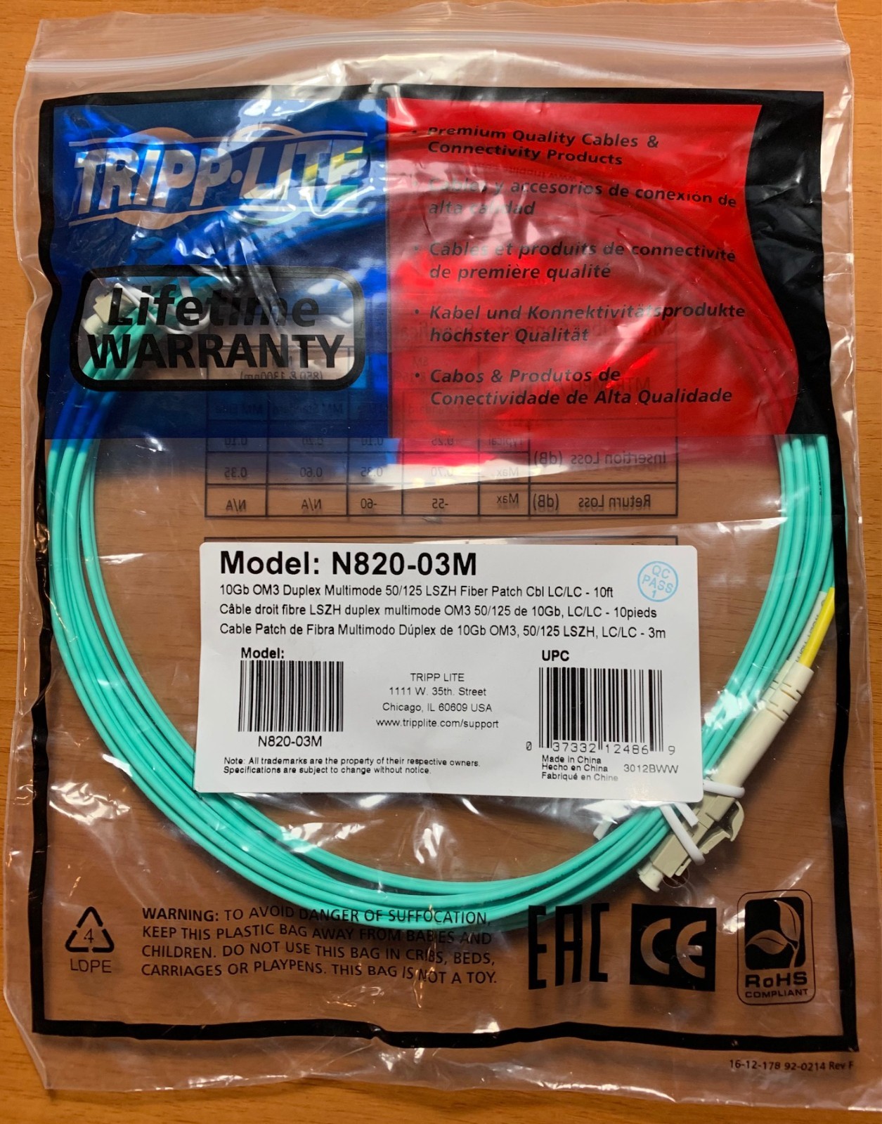 Tripp Lite N820-03M 10Gb Duplex Multimode 50/125 OM3 LSZH Fiber Patch Cable-10ft