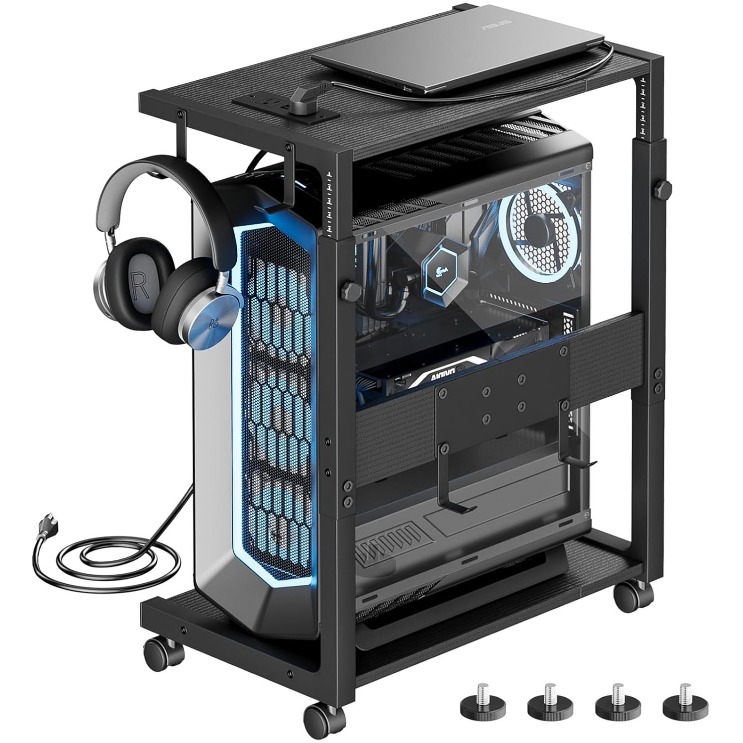 Rolling Computer Tower Stand with Dual USB Charging - Adjustable Height 23-28.3"