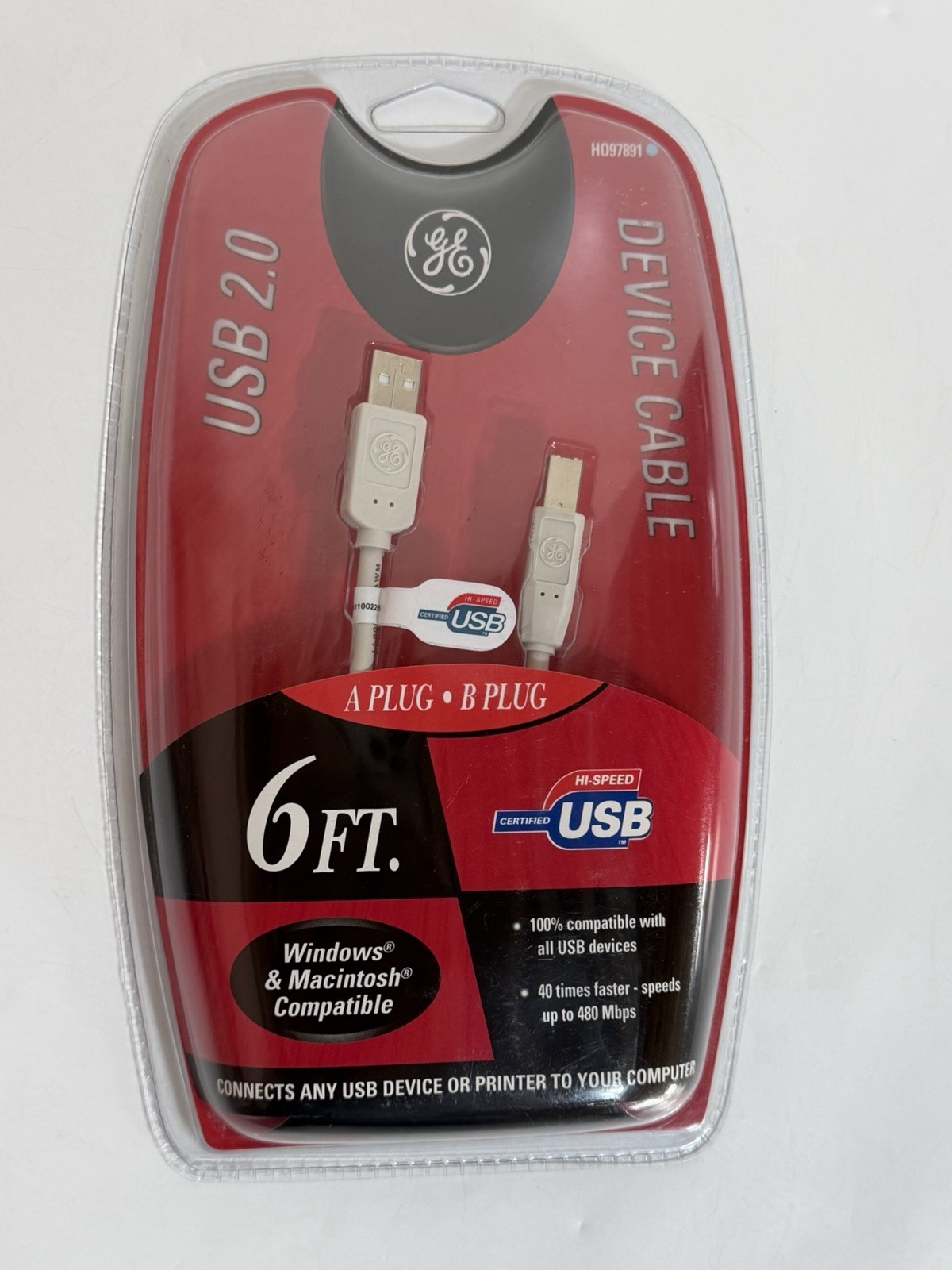 GE USB 2.0 Device Cable H097891 6-Ft A Plug to B Plug Brand New