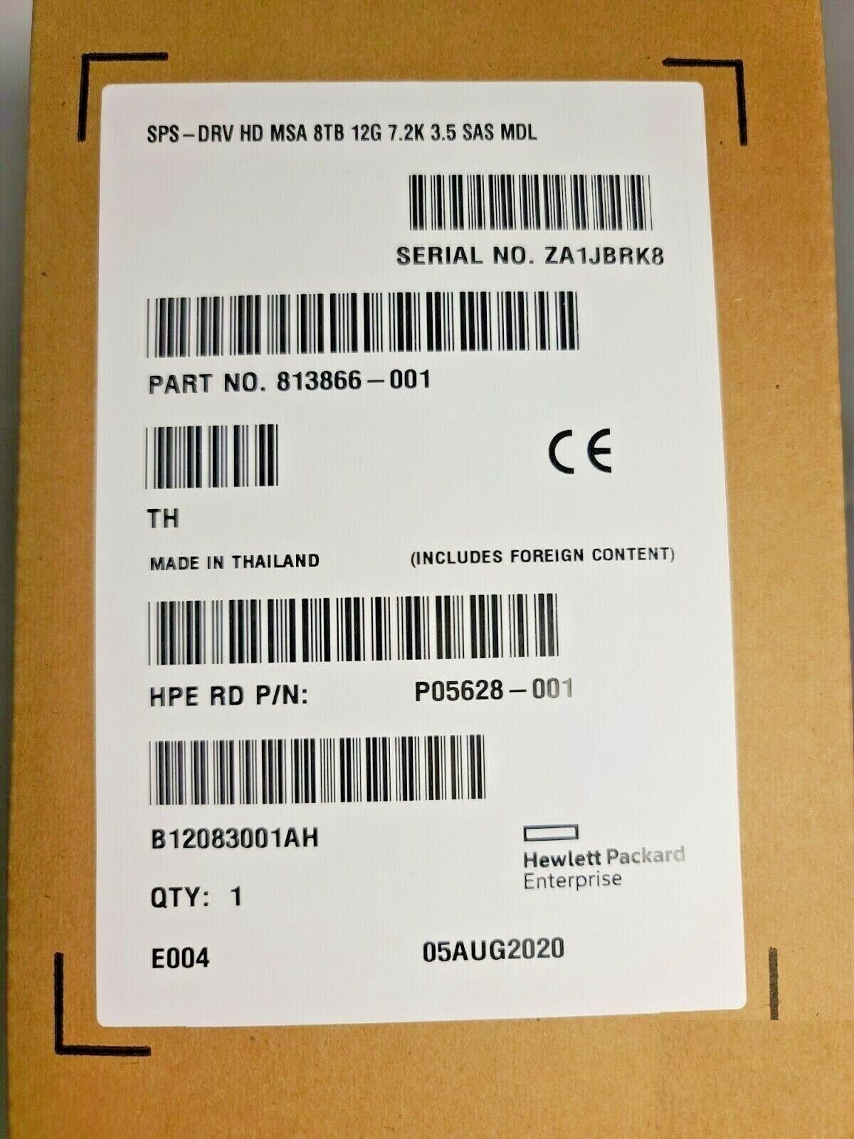 HPE MSA 8TB 12G SAS 7.2K LFF 3.5" 512e HDD M0S90A 813866-001