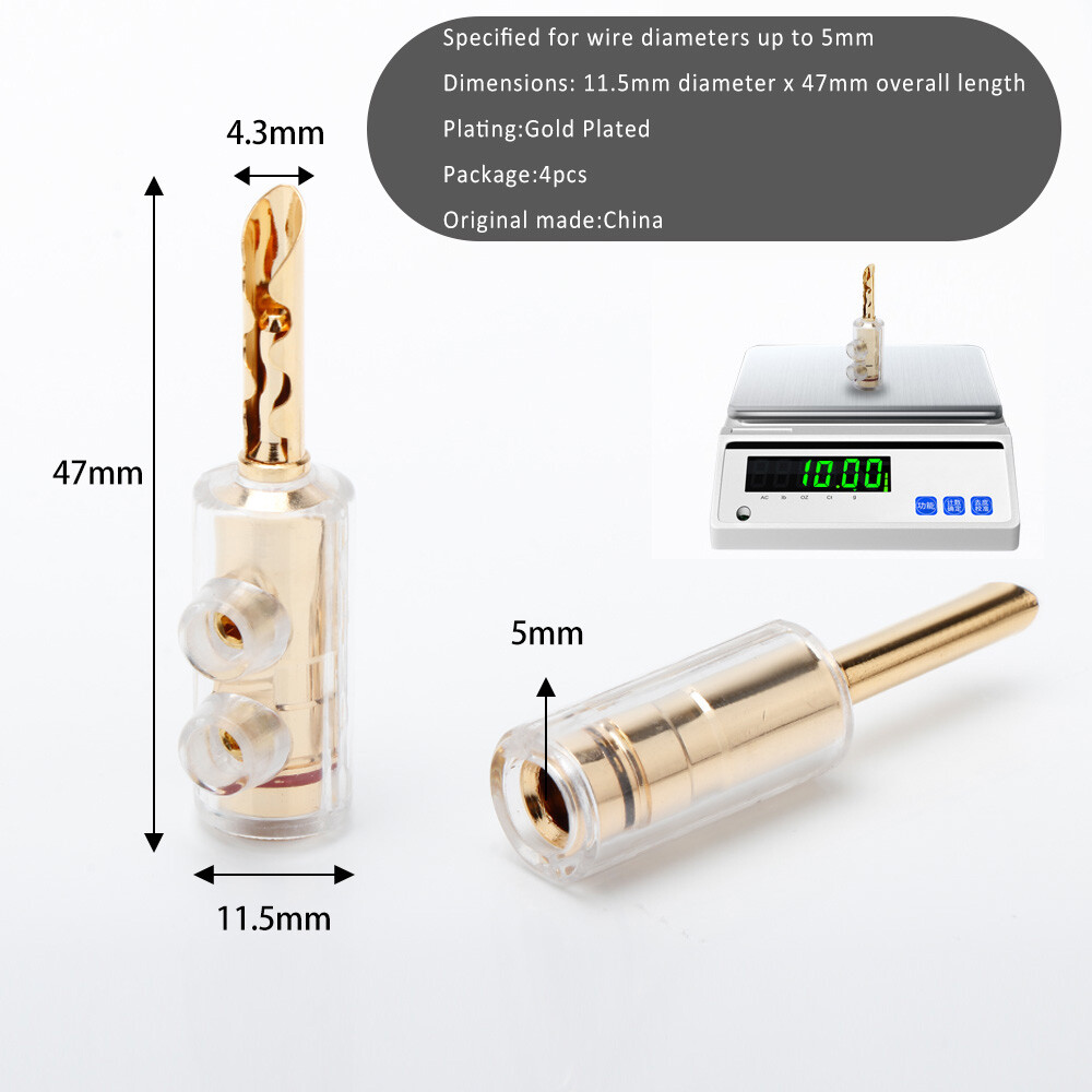 4pcs Gold Plated Banana Connector Audio Speaker Plug for Max.5mm Speaker Cable