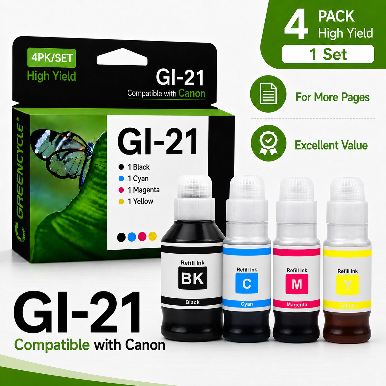 4-Pack GI21 Ink Tank Refill Bottles for Canon G3270 G3290 G4280 G1230 G3272