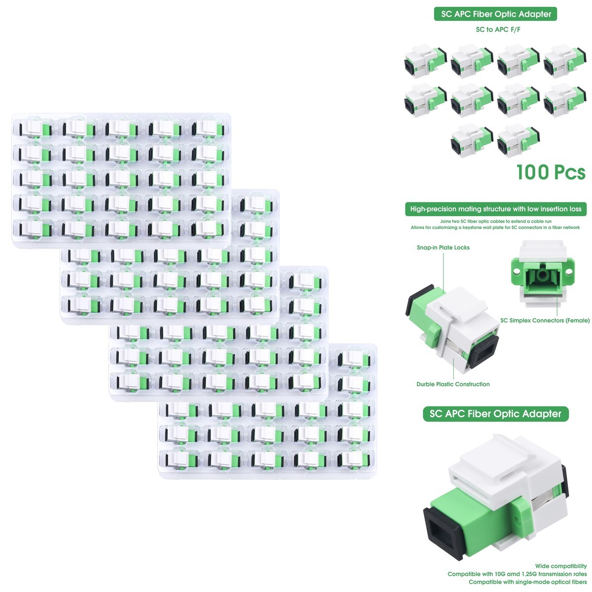 Duogalia 100-Pack SC/APC Fiber Optic Coupler Keystone Jack Singlemode