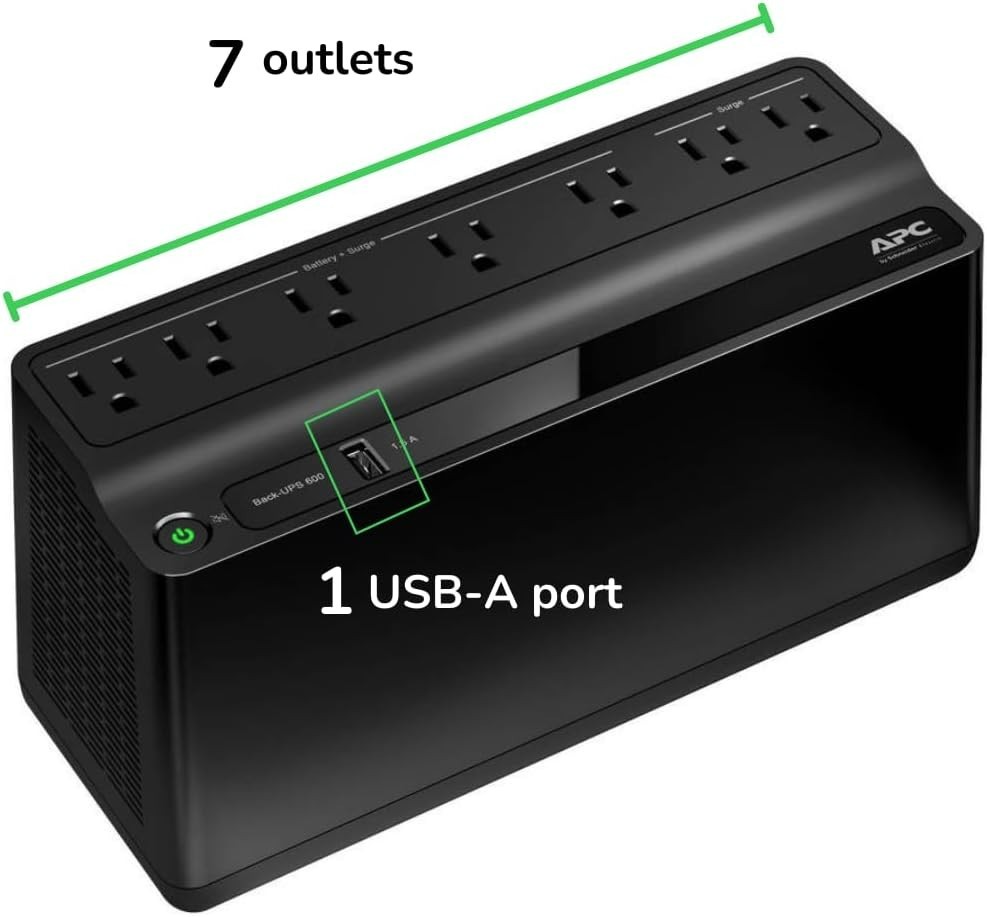 APC - BE600M1 - Back-UPS 600VA 120V 1 x USB charging port 7 NEMA outlets