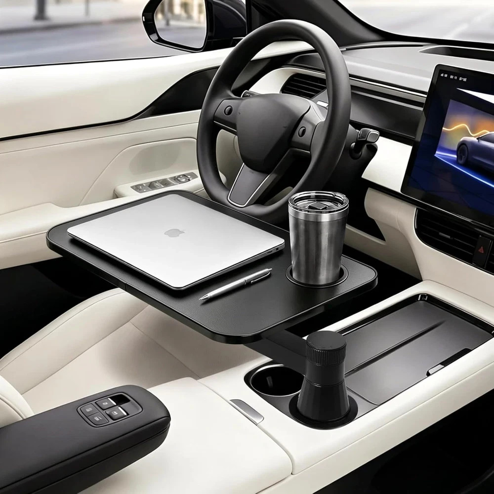 360° Rotating Car Desk Tray for Laptop and Food, Premium Leather Car Table with