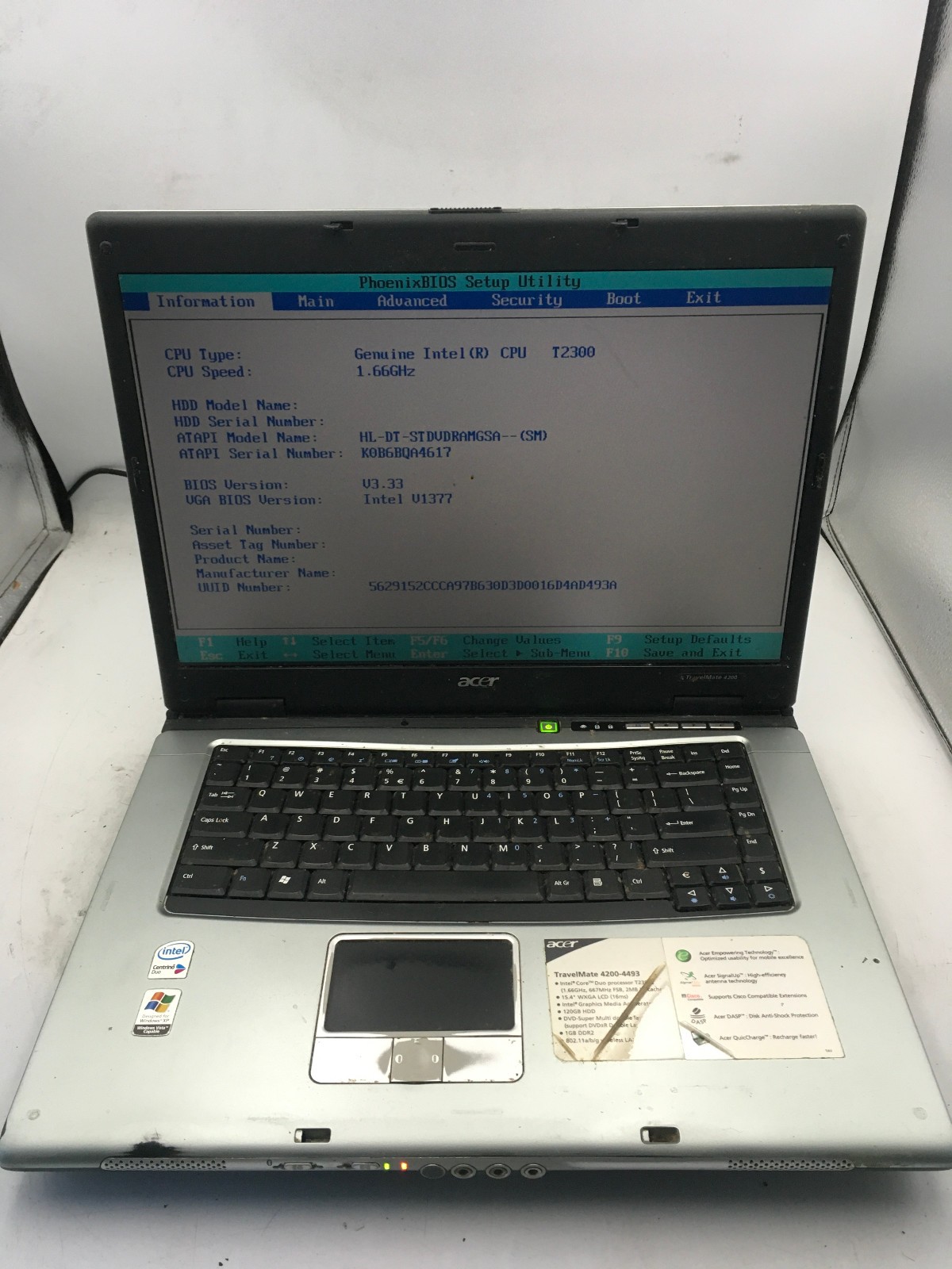 ACER TRAVELMATE 4200 4493 - BOOTS TO BIOS - INTEL T3400 - 512MB RAM - READ - BB