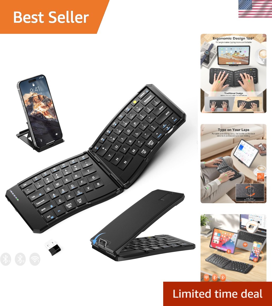 Ergonomic Foldable Wireless Keyboard for Travel - 3 Device Bluetooth & 2.4G