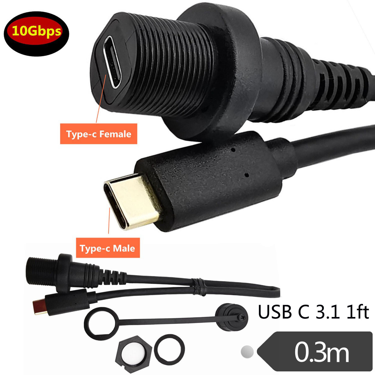 USB 3.1 C Motorcycle Flush Panel Mount Waterproof Male to Female Extension Cable
