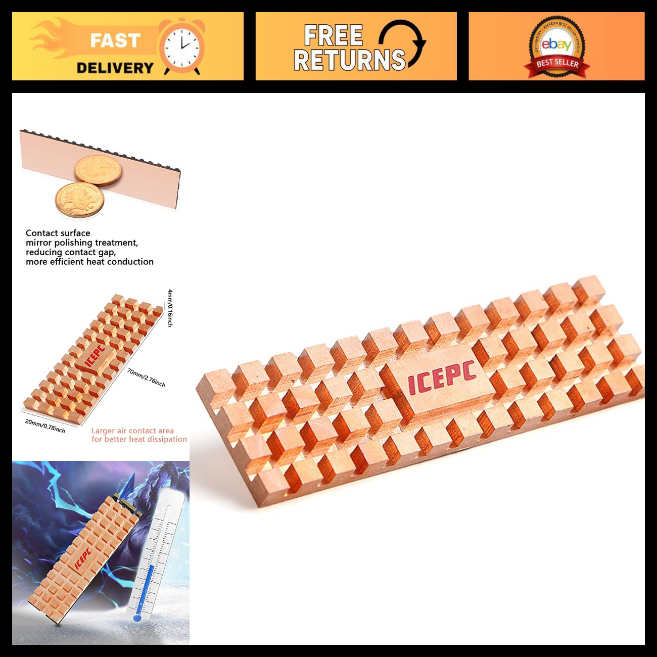 M.2 NVMe SSD Heatsink Kit - Pure Copper Cooler with Thermal Pads, 5 Pack