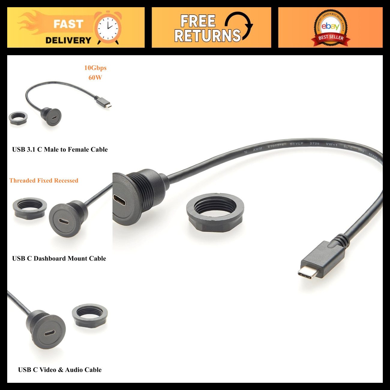 USB 3.1 Type C Extension Cable Flush Mount 10Gbps Data Transfer & Charging 0.3m