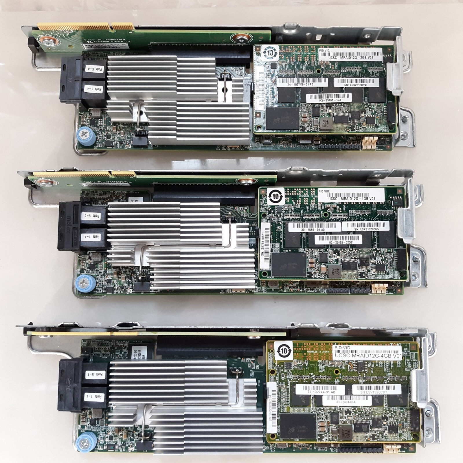 Lot of 3 Cisco UCSC-MRAID12G V02 RAID CONTROLLER CARD w/Cage + 1/2/4GB Cache