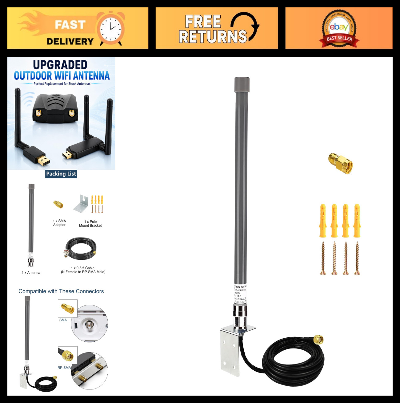 Outdoor Mini Omni WiFi Antenna 6dBi Dual Band 2.4G/5GHz N-Male RP-SMA + 9.8ft Ca