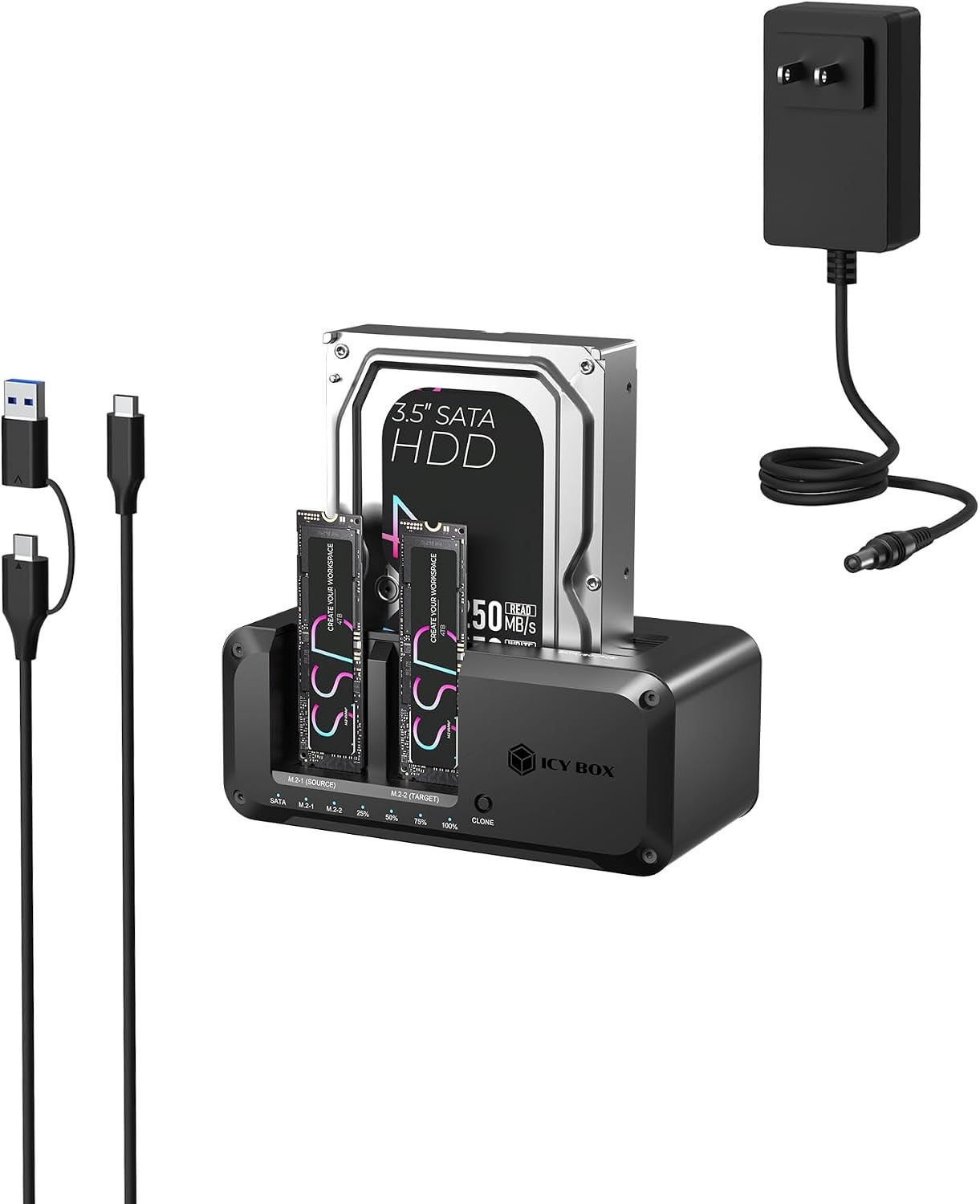 M.2 NVMe and SATA SSD HDD Docking Station USB-C 10Gbps 3 Bay