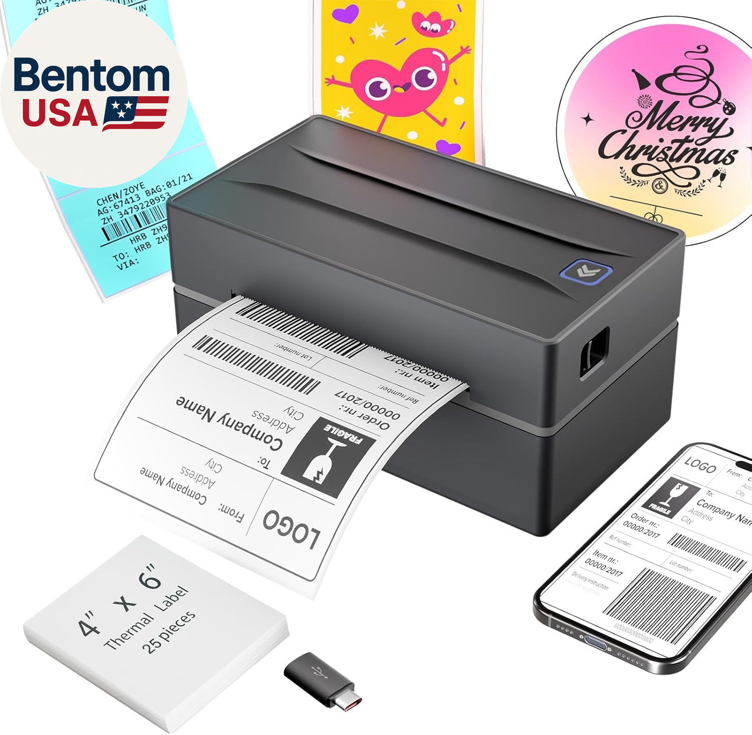 Bluetooth Thermal Shipping Label Printer: 4X6 Wireless Label Maker with Tape for