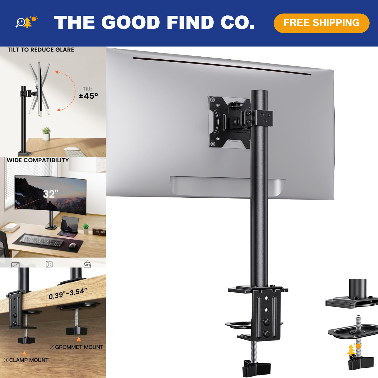 Adjustable Single Monitor Mount for 13-32" Screens, 17.6 lbs Capacity, VESA Comp